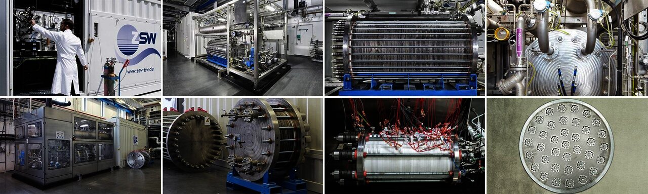 Collage mit 8 Fotos aus dem ZSW-Technikum  zum Thema Elektrolyse